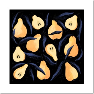 Pretty yellow pear pattern with leaves on black background Posters and Art